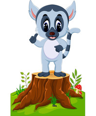 Wall Mural - Cute baby lemur presenting on tree stump