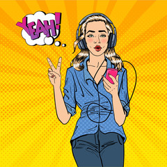 Wall Mural - Young Woman Listening Music with Smartphone. Girl in Headphones. Pop Art. Vector illustration