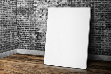 Sticker - Blank white canvas frame leaning at grunge brick wall and wood f