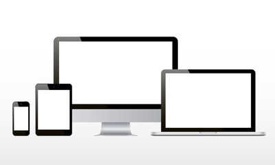Set of realistic computer monitor, computer, laptop, phone, tablet isolated on white background. Device mockup. Vector illustration.