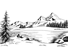 Mountain Lake Graphic Art Black White Landscape Illustration Vector