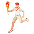 Torchbearer Relay Running Woman Summer Games Icon Set.Speed Concept.3D Isometric Athlete.Sporting Competition.Olympics Sport Infographic Torchbearer Vector Illustration.