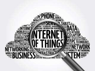 Poster - internet of things (iot) word cloud with magnifying glass, business concept 3d illustration