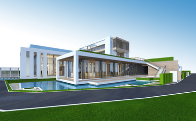 Fototapete - 3D rendering of tropical house with clipping path.