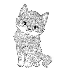 Sitting kitten in zentangle style in vector. Hand drawn sketch little cat with floral oprament. Adult antistress coloring page. Doodle. Line art. Decorative element for T-shirt emblem, tattoo, logo.