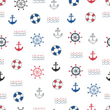 Nautical Seamless Pattern. Vector Background With Doodle Marine Symbols.