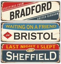 Vintage Metal Signs Collection With UK Cities