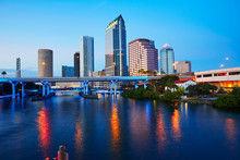 Florida Tampa Skyline At Sunset In US
