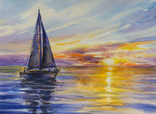Yacht Sailing Against Sunset.Picture Created With Watercolors