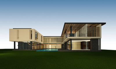 Poster - 3D rendering of tropical house with clipping path.