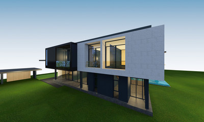 Poster - 3D rendering of tropical house with clipping path.