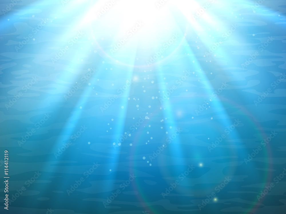 Underwater light rays. Blue water background with rays of light vector ...