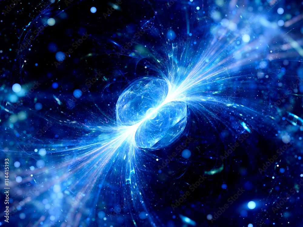 Blue glowing gamma ray burst in space - obrazy, fototapety, plakaty 