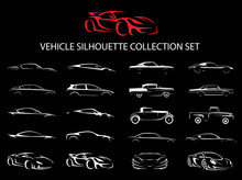 Concept Supercar And Regular Car Vehicle Silhouette Collection Set. Vector Illustration.