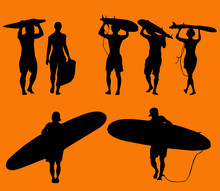 Set Of Silhouette Surfers