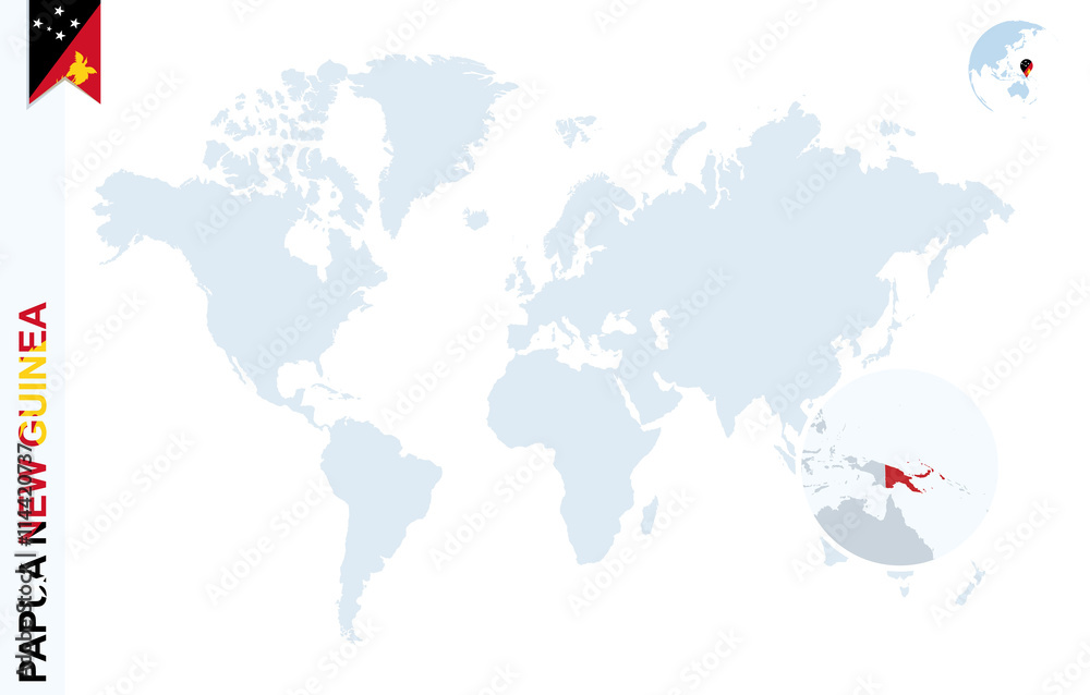 Blue world map with magnifying on Papua New Guinea. Stock Vector ...