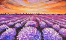 Colorful France Lavender Field At Sunset Hand Made Oil Painting On Canvas. Impressionist Art.