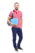 © cristovao31 - Male student with backpack and notebooks standing on white backg