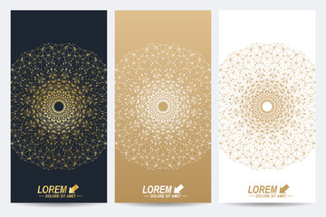 Poster - Modern set of vector flyers. Molecule and communication background. Geometric abstract golden package. Connected line with dots. Golden design in trendy linear style.