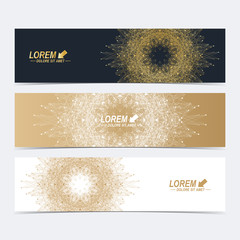 Poster - Geometric abstract banners with golden mandala. Molecule and communication background for website templates. Geometric abstract background with connected line and dots. Vector illustration.