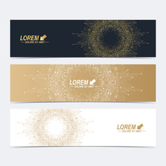 Poster - Geometric abstract banners with golden mandala. Molecule and communication background for website templates. Geometric abstract background with connected line and dots. Vector illustration.