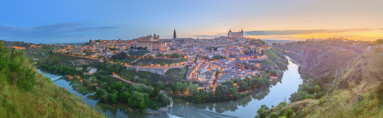 Panoramic view of ancient city and Alcazar on a hill over the Tagus River, Castilla la Mancha, Toledo, Spain.