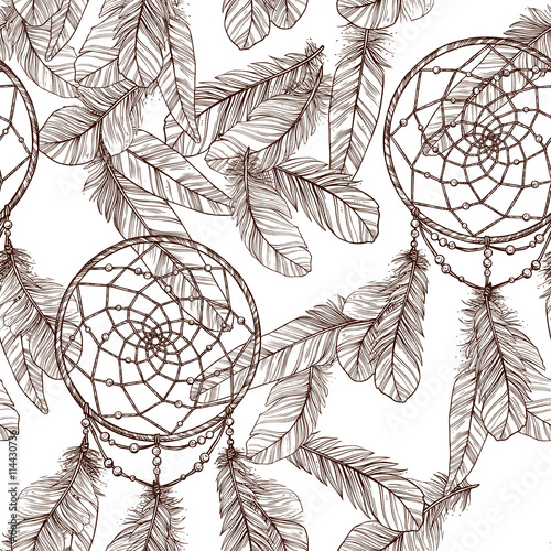 bez-szwu-monochromatyczny-wzor-z-dreamcatcher-i-pior