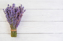 Fresh Lavender Flowers On White Wood Table Background