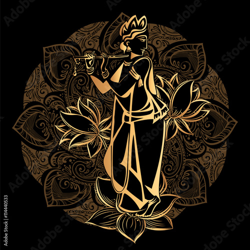 Krishna Janmashtami Hindu festival. Hare Krishnas. Golden Krishna playing a flute on a black