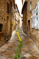  Street in the old town of Pienza, in Italy, decorated with flowe