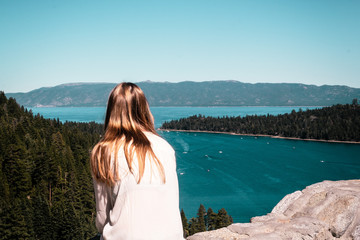 Sticker - Girl looking at Emerald Bay and Lake Tahoe