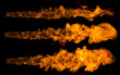 3D rendering jet fire flames set isolated on black background. Stream fire.
