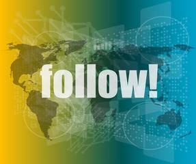 Poster - Social media concept: words Follow on digital background vector quotation marks with thin line speech bubble. concept of citation, info, testimonials, notice, textbox. flat style