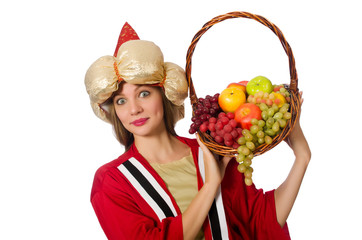 Woman wizard in red clothing isolated on white