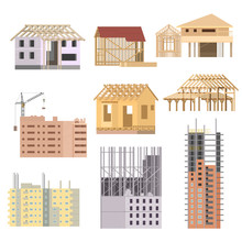 Vector Flat Building Under Construction. Building House Construction Process Icons Set. Building With Crane.