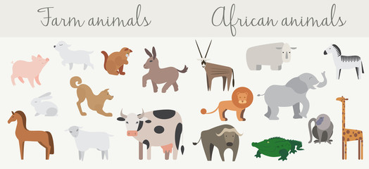  Cute african and farm animals set.