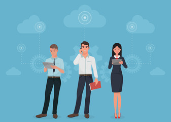 Poster - People with gadgets using social business connection communications in clouds concept.