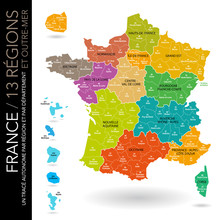 Carte De France 13 Régions (nouveaux Noms (2016)   Départements Et Outre-mer / Un Tracé Autonome Par Zone