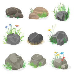 Rocks and stones with grass, flowers and butterfly collection set. Vector illustration.