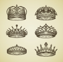 Hand-drawn Vintage Imperial Crown In Retro Style. King, Emperor, Dynasty, Throne, Luxury Symbol. Vector Illustration