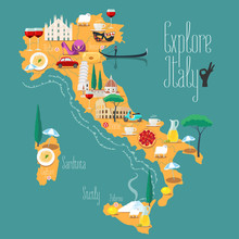 Map Of Italy Vector Illustration, Design. Icons With Italian Landmarks