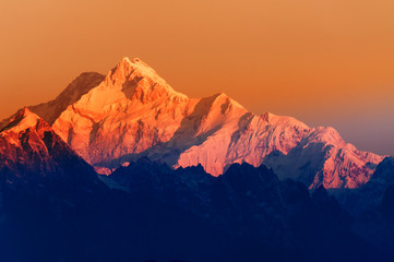 beautiful first light from sunrise on mount kanchenjugha, himalayan mountain range, sikkim, india. o