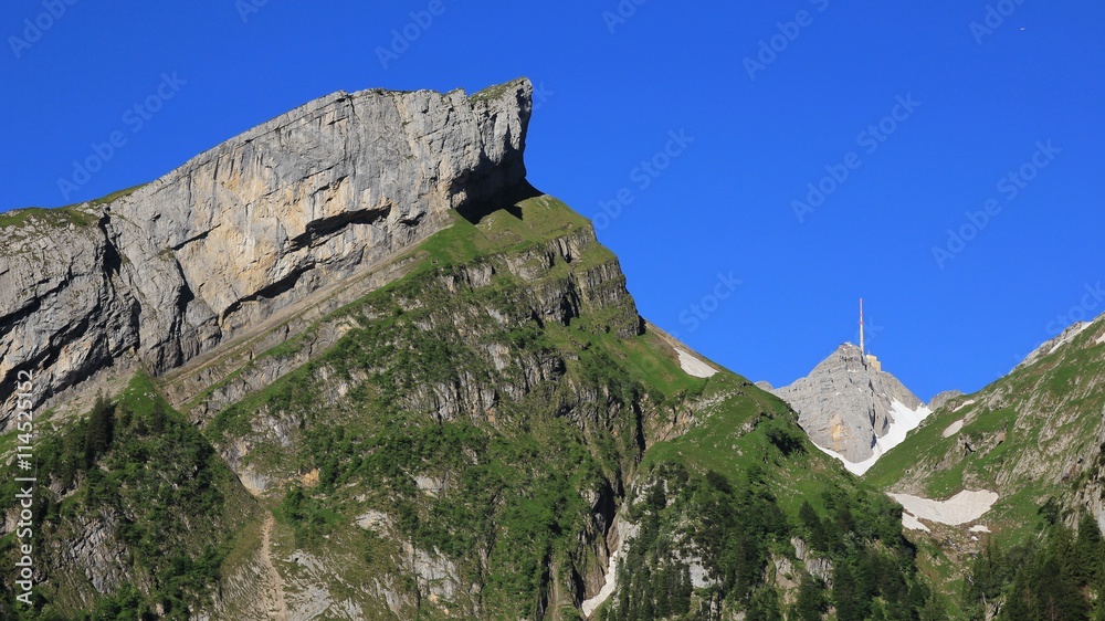 Layered rock and peak of Mt Saentis Stock Photo | Adobe Stock