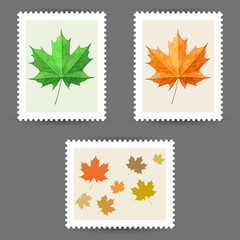Wall Mural - Vector postage stamps with maple leaf icons