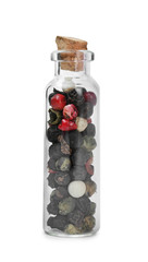 Poster - Aromatic allspice in glass bottle on white background