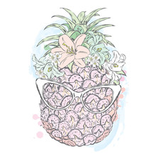 Funny Pineapple In A Wreath Of Flowers And Glasses. Vector.