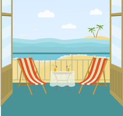 Sea landscape summer beach, palm tree, beach chairs. balcony. open doors. Vector flat illustration