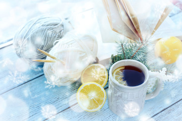 Poster - Beautiful winter composition on windowsill with cup of hot drink. Snow effect
