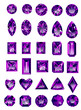 Set of realistic purple amethyst jewels isolated on white background with different cuts. Princess cut jewel. Round cut jewel. Emerald cut jewel. Oval cut jewel. Pear cut jewel . Heart cut jewel.