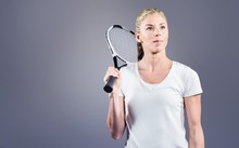 Composite Image Of Female Tennis Player Posing With Racket